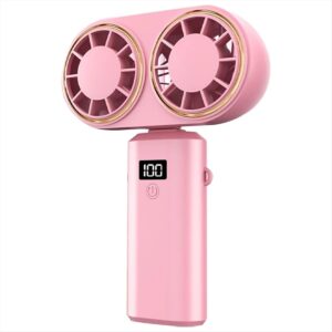 Portable Handheld Fan USB Charging Cooler Dual Fan Digital Display Rechargeable Battery Pink